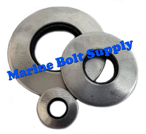 Stainless steel neoprene-bonded sealing washers in three assorted sizes (front view)