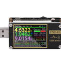Voltmeter And Ammeter USB Tester With Color LCD Screen PD Trigger Pro Grade Multifunction Power Meter For Fast Charging Industry Professionals PCB LCD ABS Enclosure BT Enabled, displaying measurements on screen.