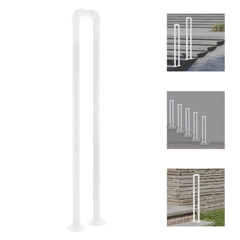 Rock Solid Steel U Shaped Stair Handrail Wall Mounted Safety Railing For Steps Balcony Heavy Duty Baked Finish 1.26 Inch Diameter white steel rail for stairs and balconies, showing various installation angles.