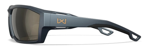 Ballistic Rated Safety Glasses Featuring Matte Graphite Grey Frame And Tungsten Mirror Lenses side view with dark lenses.