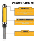 Flush Trim Router Bit With Top And Bottom Bearings, One And A Half Inch Cutting Diameter, One Quarter Inch Shank, Ideal For CNC Woodworking And Engraving, Pro Grade Durability, Smooth Clean Edges Every Time; tungsten carbide blade, solid carbide build.