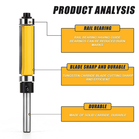 Flush Trim Router Bit With Top And Bottom Bearings, One And A Half Inch Cutting Diameter, One Quarter Inch Shank, Ideal For CNC Woodworking And Engraving, Pro Grade Durability, Smooth Clean Edges Every Time; tungsten carbide blade, solid carbide build.
