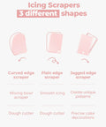 Illustration of three icing scrapers: curved, plain, and jagged edge for All In One Cake Decorating Kit With Turntable And 12 Piping Tips Set