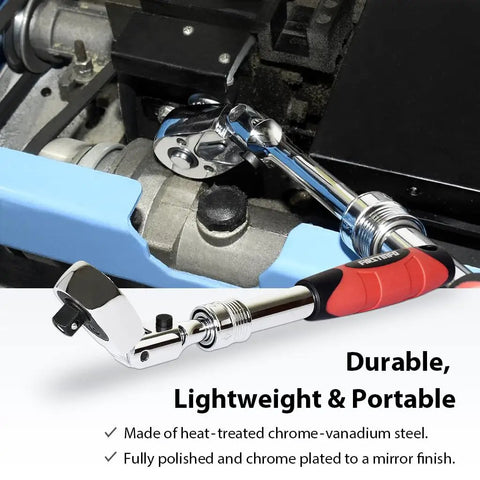 Locking Flexible Extendable Ratchet Wrench With A 180 Degree Flex Head for Three Eighth Inch Drive in use on engine