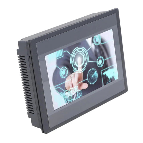 7 Inch HMI Display Panel With TFT LCD 12 Inputs 8 Outputs FX3U 20 40 48MRT Compatible Easy Install Plug and Play Ready ARM9 Processor IP65 Rugged Industrial Touch Panel For Automation, angled view