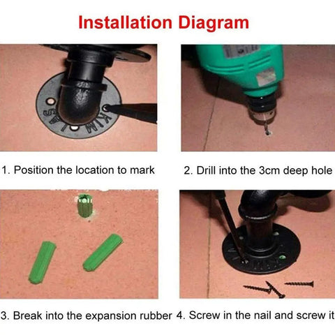 Installation diagram for Rock Solid Adjustable Stair Handrail featuring smooth round pipe grip and heavy duty galvanized steel construction.