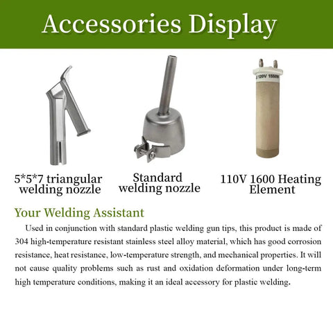 Accessories for Heavy Duty 110V 1600W Hot Air Weld Gun for PVC and PP Plastics: triangular nozzle, standard nozzle, heating element