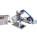 Real Heavy Duty Electric Belt Sander With Thirty By One Inch Variable Speed Belt And Adjustable Fixed Table For Polishing Sharpening And Grinding Built Like A Tank Smooth Steel Build Total Shop Workhorse with blue belt and control box.