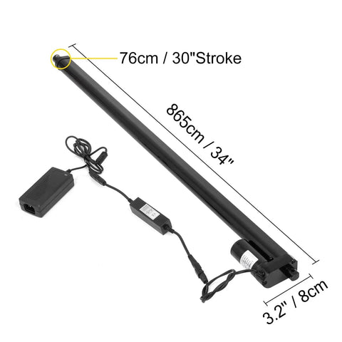Heavy Duty 2 Pack Linear Actuator Kit Featuring 30 Inch Stroke And 900N Push Force Rugged 12V DC Electric Motor close-up view with dimensions.