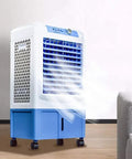 Ultra Compact Portable Air Cooler With Built In Purifier And Humidifier, Rock Solid Quiet Evaporative Fan in blue with air flow effect.