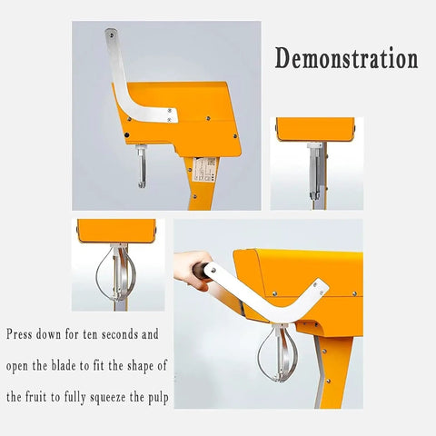 Heavy Duty Manual Commercial Electric Juicer Press With Corer And Double Blades For Large Fruits showing operation steps.