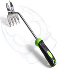 Two-In-One Hand Weeder Tool with Dual Four-Tooth and Two-Tooth Heads, heavy-duty stainless steel root remover with ergonomic non-slip grip.