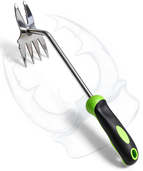 Two-In-One Hand Weeder Tool with Dual Four-Tooth and Two-Tooth Heads, heavy-duty stainless steel root remover with ergonomic non-slip grip.