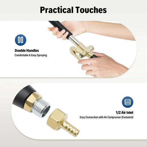 Heavy Duty Pneumatic Cement Spray Gun For Walls Features Four Precision Nozzles. Showing double handles for easy spraying and air inlet.