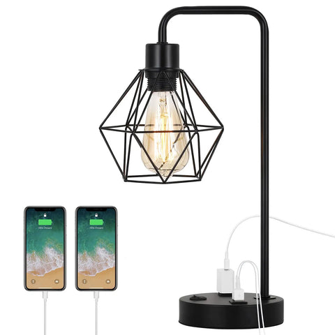 Industrial Black USB Table Lamp With Bulb Included, Modern Farmhouse Bedside Desk Light, metal cage shade, dual device charging