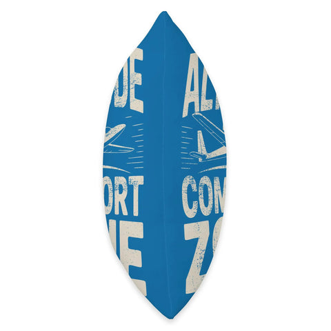Side view of Throw Pillow For Sailplane Lovers And Soaring Club Pilots, Glider Training Cushion with plane graphic on blue fabric.