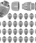 32 Pack Three Quarter Inch Liquid Tight NPT PVC Conduit Fittings Non Metallic Flexible Electrical Connectors in grey, displayed in rows.