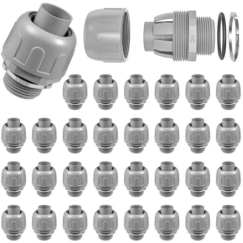 32 Pack Three Quarter Inch Liquid Tight NPT PVC Conduit Fittings Non Metallic Flexible Electrical Connectors in grey, displayed in rows.