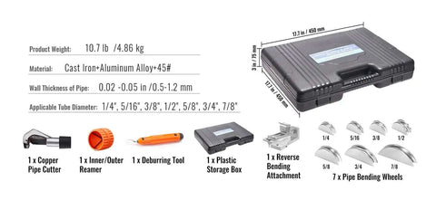 Ratcheting Pipe Bender Kit With 7 Dies And Cutter For 1 Quarter To 7 Eighths Inch Tubes, showing case and tools layout