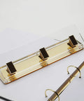 Clear Acrylic 3 Hole Punch For 10 Sheets With Four And A Quarter Inch Hole Spacing Gold Accents Easy No Fuss Desktop Puncher