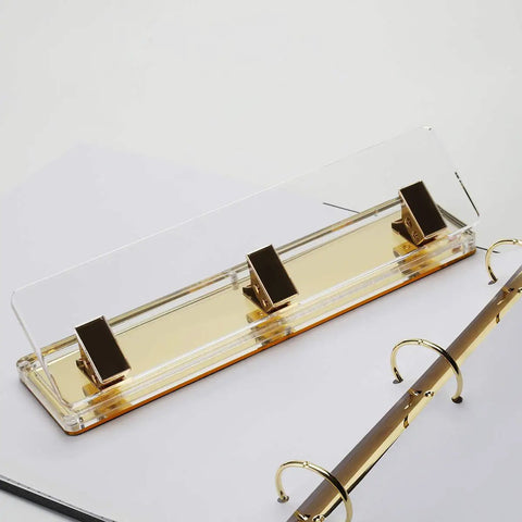 Clear Acrylic 3 Hole Punch For 10 Sheets With Four And A Quarter Inch Hole Spacing Gold Accents Easy No Fuss Desktop Puncher