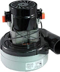Front view of Ametek Lamb vacuum motor 116472-13, 120V 60Hz; black top housing, gray base, side duct