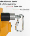 Adjustable Retractable Tool Balancer With Heavy Duty Wire Rope Hook For Straight Up Tool Organization No Sweat Heavy Lifting Up To 140 Kilos close-up view of insulated hook and rubber sleeve.