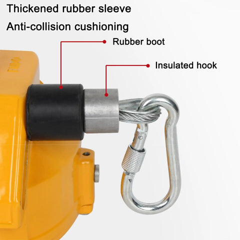 Close-up of Heavy Duty Retractable Tool Balancer With Smooth Glide Cable Spool, rubber sleeve, and insulated hook.