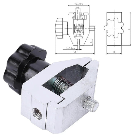 Beefy 500N Push Pull Test Clamp For Tensile Testing, Stainless Steel Force Gauge Fixture With 3.5mm Opening, Rugged Tension Meter Clamp For Lab And DIY, Industrial Strength Grip And Stable Load Bearing; black and silver clamp with dimensions
