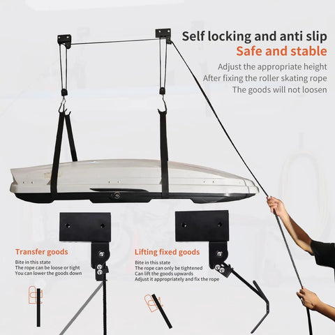 Heavy Duty Ceiling Hoist System For Garage Storage With Aluminum Construction, 125 Lb Capacity Overhead Lift installed in use