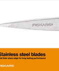 Close-up of stainless steel blades on Premier No 5 Micro Tip Orange Handled Fabric Scissors With Double Loop Handle