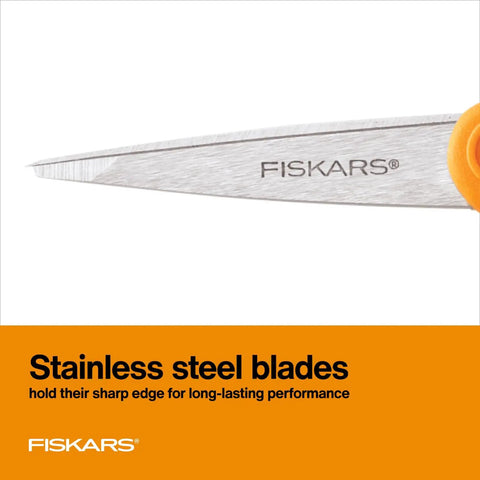 Close-up of stainless steel blades on Premier No 5 Micro Tip Orange Handled Fabric Scissors With Double Loop Handle