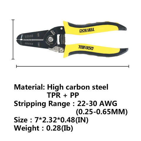 Dead Simple Wire Stripper And Cutter For 22 To 30 AWG Copper Wires with yellow handles and high carbon steel blades.