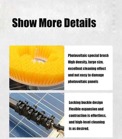 Get Your Solar Panels Sparkling Clean With This Long Reach Telescopic Brush Featuring Soft Bristles That Safely Shine Up To 7.5 Meters And Perfectly Handle Roofs Or Windows Without Scraping The Glass. Telescopic solar panel brush with yellow soft bristles and locking buckle design, 7.5m