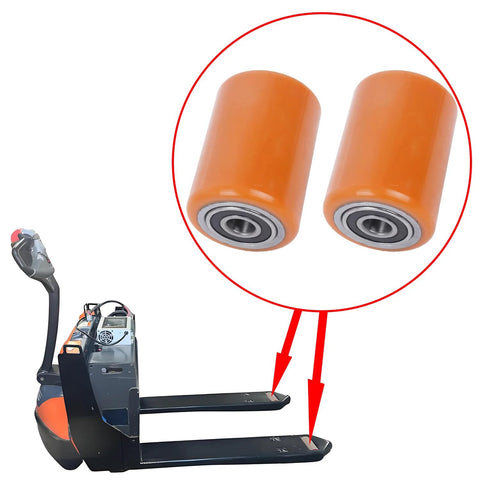 Toyota 8HBW23 Electric Pallet Jack Load Wheel Kit, 2 Pack Replacement Wheel Set for Pallet Jack shown next to equipment