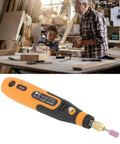 Slick Usb Rechargeable Electric Carving Pen Cordless Mini Rotary Tool Kit With Variable Speed, shown in a woodshop setting.