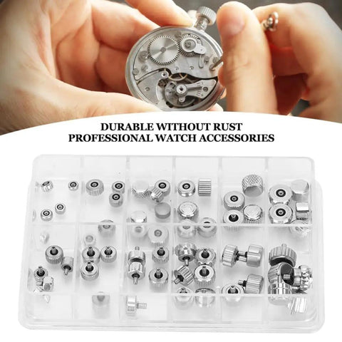 Close-up of Stainless Steel Watch Crown Replacement Parts Kit With Round Head And Flat Head Crowns, showcasing organized set.