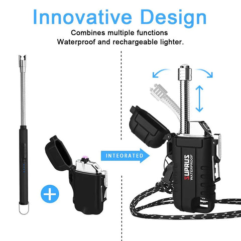 Waterproof Windproof Arc Plasma Lighter USB C Rechargeable With Expandable Flexible Neck for camping and kitchen use, black color