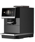 Side view of a fully automatic espresso machine with ceramic flat burrs and nine grind size options, featuring a 7 inch HD touchscreen.