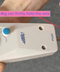 Close-up of hands operating clamping tool with dial measuring 4kg force, holding wire securely in place.