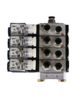 4V210-08 Beefed-Up Four Valve Pneumatic Solenoid Assembly One Quarter Inch NPT Two Position Five Way Valve Block shown from top.