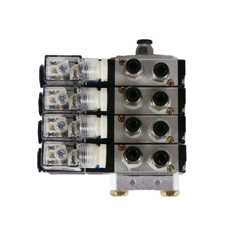 4V210-08 Beefed-Up Four Valve Pneumatic Solenoid Assembly One Quarter Inch NPT Two Position Five Way Valve Block shown from top.