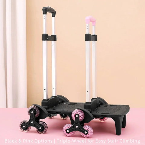 Lightweight Folding Backpack Trolley with three wheel hand truck design, black and pink, for travel commute school hiking and utility