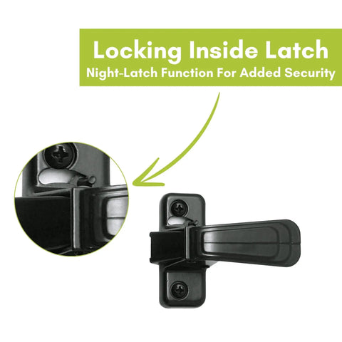 Black Door Handle With Inside Latch For Storm And Screen Doors 2 Piece Replacement Set Out Swing Door Compatible Locking Inside Latch Surface Mount Ready, black locking inside latch close-up