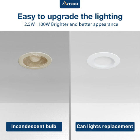 Comparison of incandescent bulb and Five To Six Inch LED Recessed Can Lights Kit, 20 Pack, Dimmable, IC And Damp Rated, Smooth Trim