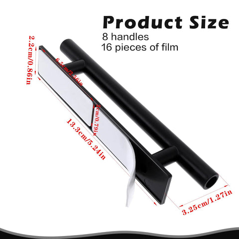 Product size for 8 Pack Self Adhesive Cabinet Handles In Black ABS Plastic Push Peel And Stick Door Pulls, dimensions shown.