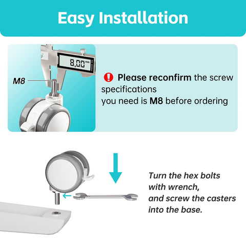 Easy installation guide for Lockable Stem Caster Wheels Set Of Four, 2 Inch Nylon Threaded Swivel Casters with M8 thread.