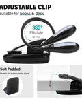 Rechargeable 12 LED Warm Clip On Book Light With Dual Goosenecks Bed Reading Lamp showing adjustable clip on table edge