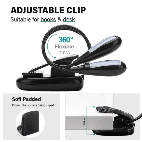 Rechargeable 12 LED Warm Clip On Book Light With Dual Goosenecks Bed Reading Lamp showing adjustable clip on table edge