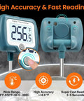 Front and back view of Digital Candy Thermometer With 10 Inch Long Probe And Pot Clip, Rotating Big Display For Candy Making, Blue